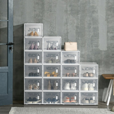 HOMCOM 18PCS Clear Shoe Box, Plastic Stackable Shoe Storage Box for UK/EU Size up to 12/46 with Magnetic Door, 28 x 36 x 21cm