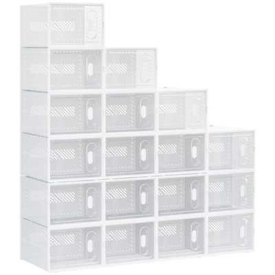 HOMCOM 18PCS Clear Shoe Box, Plastic Stackable Shoe Storage Box for UK/EU Size up to 12/46 with Magnetic Door, 28 x 36 x 21cm