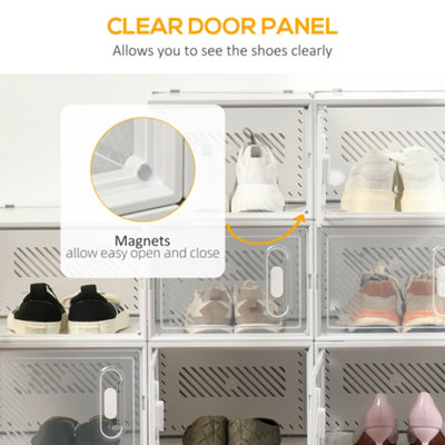 HOMCOM 18PCS Clear Shoe Box Plastic Stackable Shoe Storage Box for UK EU Size up to 12 46 with Magnetic Door 28 x 36 x 21cm