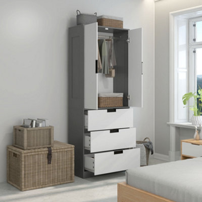 HOMCOM 2 Door Wardrobe Grey Wardrobe with 3 Drawer and Hanging Rod for Bedroom