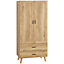 HOMCOM 2 Door Wardrobe, Modern Wardrobe with 2 Drawers and Hanging Rail for Bedroom, Natural