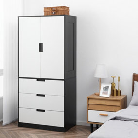 HOMCOM 2 Door Wardrobe White Wardrobe with 3 Drawer and Hanging Rod for Bedroom