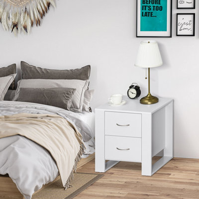 HOMCOM 2 Drawer Boxy Bedside Table w/ Handles Elevated Base White