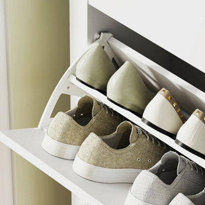 Narrow Shoe Cabinet With 2 Flip Drawers - 31.5 Inch Entryway Storage Organizer With Metal Legs