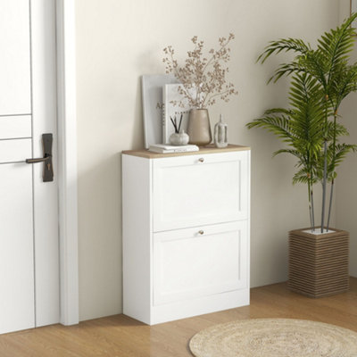 HOMCOM 2 Flip Drawer Narrow Shoe Cabinet with Adjustable Shelves, White