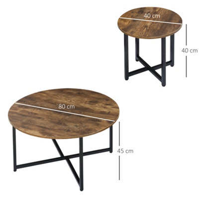 HOMCOM 2 Pcs Round Coffee Table with Metal Frame Side Accent Tables Brown