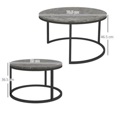 HOMCOM 2 Pcs Stacking Coffee Table Set Steel Frame, Marble Dark Grey