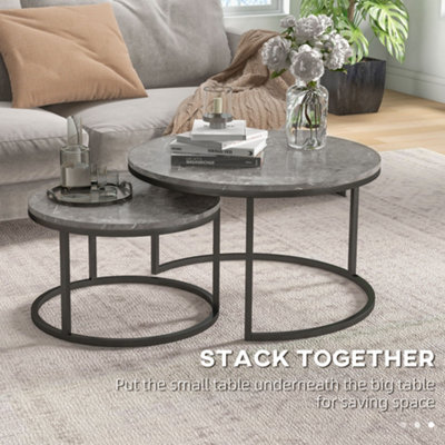 HOMCOM 2 Pcs Stacking Coffee Table Set Steel Frame, Marble Dark Grey