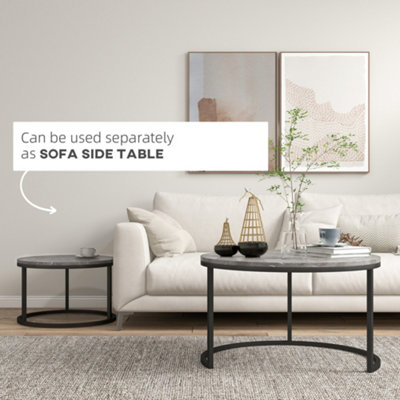 HOMCOM 2 Pcs Stacking Coffee Table Set Steel Frame, Marble Dark Grey
