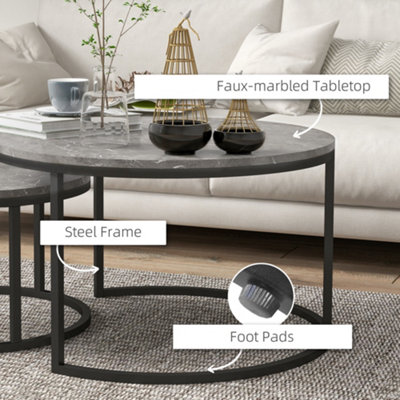 HOMCOM 2 Pcs Stacking Coffee Table Set Steel Frame, Marble Dark Grey