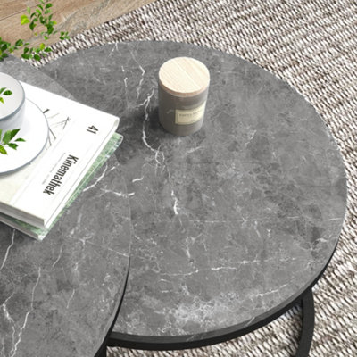 HOMCOM 2 Pcs Stacking Coffee Table Set Steel Frame, Marble Dark Grey