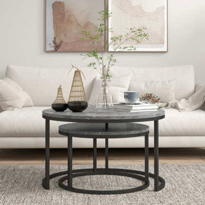 HOMCOM 2 Pcs Stacking Coffee Table Set Steel Frame, Marble Dark Grey
