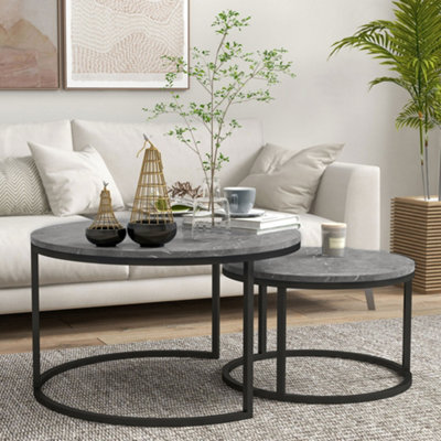 HOMCOM 2 Pcs Stacking Coffee Table Set Steel Frame Marble-Effect Top Foot Pads