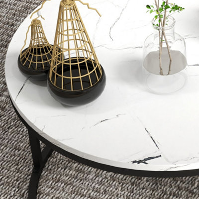 HOMCOM 2 Pcs Stacking Coffee Table Set Steel Frame, Marble-Effect White