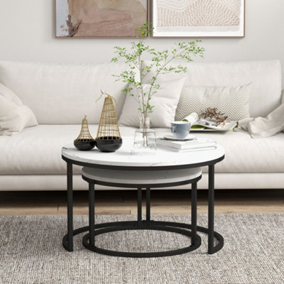 HOMCOM 2 Pcs Stacking Coffee Table Set Steel Frame, Marble-Effect White