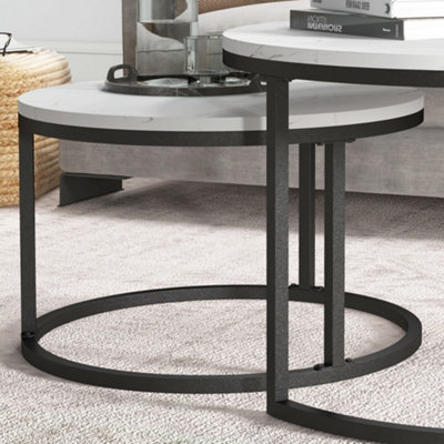 HOMCOM 2 Pcs Stacking Coffee Table Set Steel Frame, Marble-Effect White