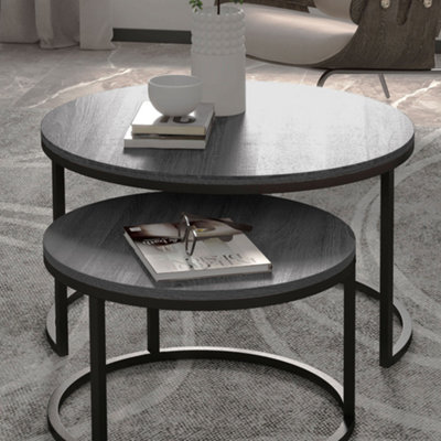 HOMCOM 2 Pcs Stacking Coffee Table Set Steel Frame Wood Effect Top Foot ...