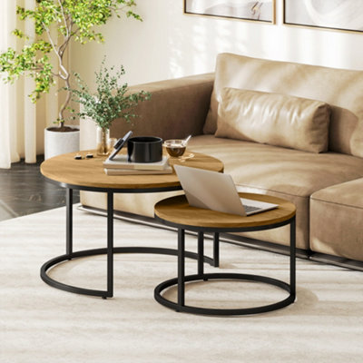 HOMCOM 2 Pcs Stacking Coffee Table Set with Steel Frame, Brown Wood Effect