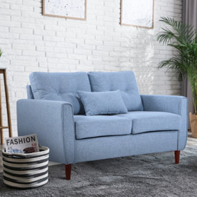 HOMCOM 2 Seat Sofa Double Sofa Loveseat Fabric Wooden Legs Tufted Design for Living Room, Dining Room, Office, Light Blue