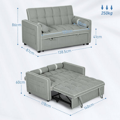 HOMCOM 2 Seater Pull Out Sofa Bed with Adjustable Backrest, Light Grey