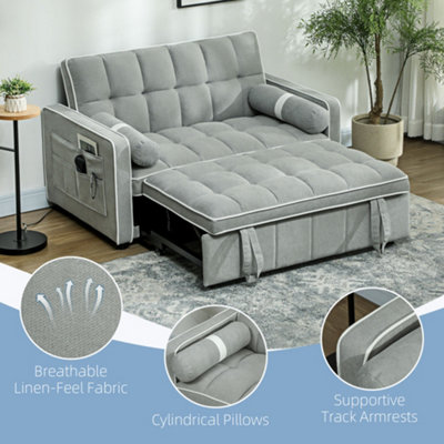 HOMCOM 2 Seater Pull Out Sofa Bed with Adjustable Backrest, Light Grey