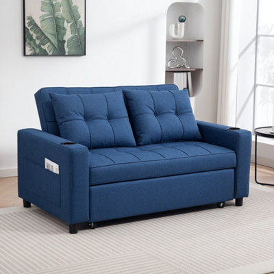 HOMCOM 2 Seater Pull Out Sofa Bed with Pockets for Living Room Dark Blue