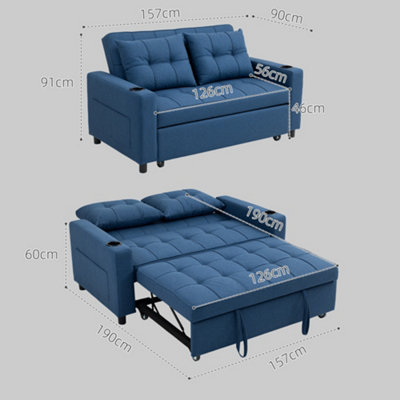 HOMCOM 2 Seater Pull Out Sofa Bed with Pockets for Living Room Dark Blue