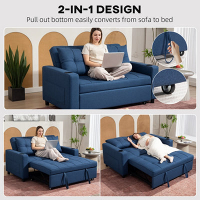 HOMCOM 2 Seater Pull Out Sofa Bed with Pockets for Living Room Dark Blue