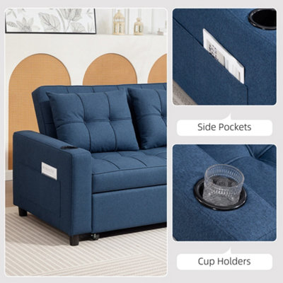 HOMCOM 2 Seater Pull Out Sofa Bed with Pockets for Living Room Dark Blue