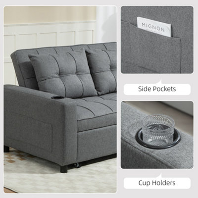 HOMCOM 2 Seater Pull Out Sofa Bed with Pockets for Living Room Dark Grey