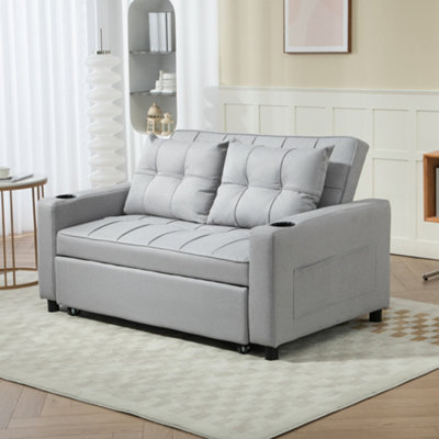 HOMCOM 2 Seater Pull Out Sofa Bed with Pockets for Living Room Light Grey