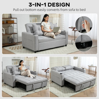 HOMCOM 2 Seater Pull Out Sofa Bed with Pockets for Living Room Light Grey
