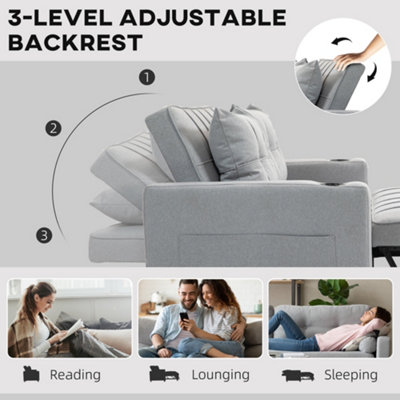 HOMCOM 2 Seater Pull Out Sofa Bed with Pockets for Living Room Light Grey