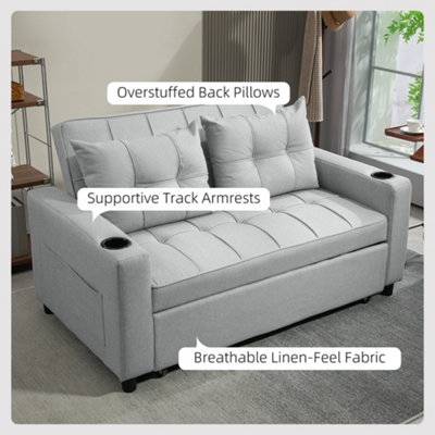 HOMCOM 2 Seater Pull Out Sofa Bed with Pockets for Living Room Light Grey