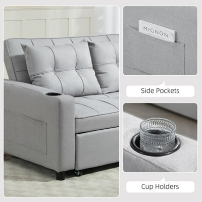 HOMCOM 2 Seater Pull Out Sofa Bed with Pockets for Living Room Light Grey