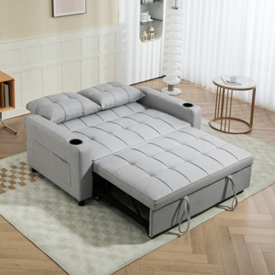 HOMCOM 2 Seater Pull Out Sofa Bed with Pockets for Living Room Light Grey