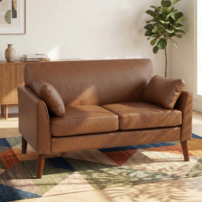 HOMCOM 2 Seater Sofa, 132 cm Modern Small Sofa with Solid Wood Legs, Brown