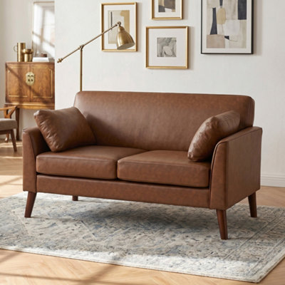 HOMCOM 2 Seater Sofa, 132 cm Modern Small Sofa with Solid Wood Legs, Brown