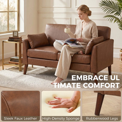 HOMCOM 2 Seater Sofa, 132 cm Modern Small Sofa with Solid Wood Legs, Brown