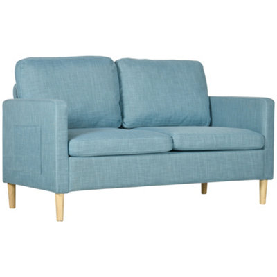 HOMCOM 2 Seater Sofa Modern Fabric Couch with Wood Legs and 2 Pockets Blue