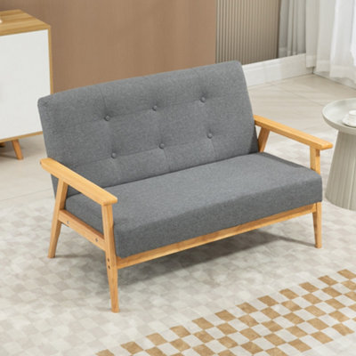 HOMCOM 2-Seater Sofa Upholstery Couch with Rubber Wood Legs, Dark 