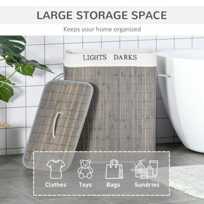 HOMCOM 2 Section Collapsible Laundry Hamper Lid Removable Lining, Grey