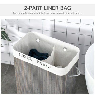 HOMCOM 2 Section Collapsible Laundry Hamper Lid Removable Lining, Grey