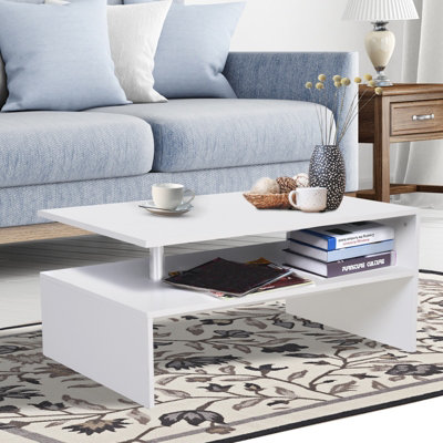 HOMCOM 2 Tier Coffee/End Table Modern Design w/Open Shelf Living Room White