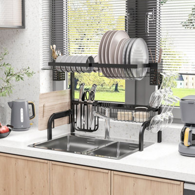 HOMCOM 2 Tier Dish Rack, Over The Sink Dish Drainer Rack for Kitchen, Black