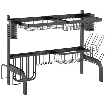 HOMCOM 2 Tier Dish Rack, Over The Sink Dish Drainer Rack for Kitchen, Black