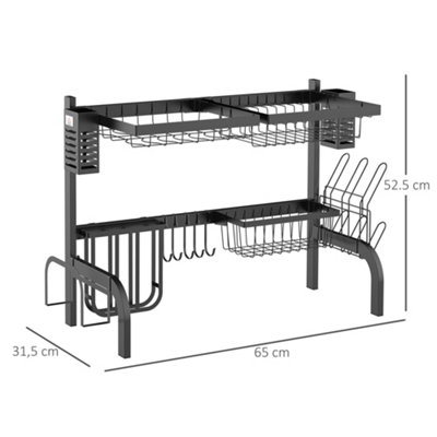 HOMCOM 2 Tier Dish Rack, Over The Sink Dish Drainer Rack for Kitchen, Black