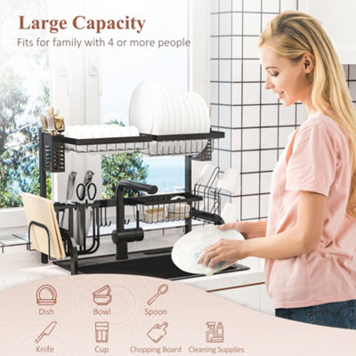 HOMCOM 2 Tier Dish Rack, Over The Sink Dish Drainer Rack for Kitchen, Black