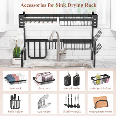 HOMCOM 2 Tier Dish Rack, Over The Sink Dish Drainer Rack for Kitchen, Black
