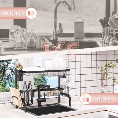 HOMCOM 2 Tier Dish Rack, Over The Sink Dish Drainer Rack for Kitchen, Black